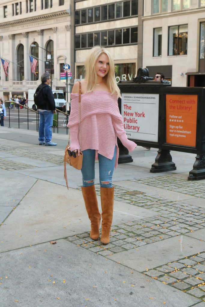 pink-off-the-shoulder-sweater-suede-boots-denim-skinnies http://styledamerican.com/my-favorite-sweater/