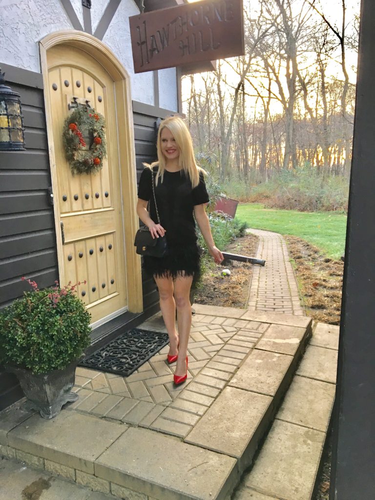 black-dress-red-pumps-carriage-house http://styledamerican.com/cocktail-dress-with-feather-hem/