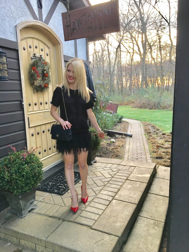 little-black-dress-red-heels http://styledamerican.com/cocktail-dress-with-feather-hem/