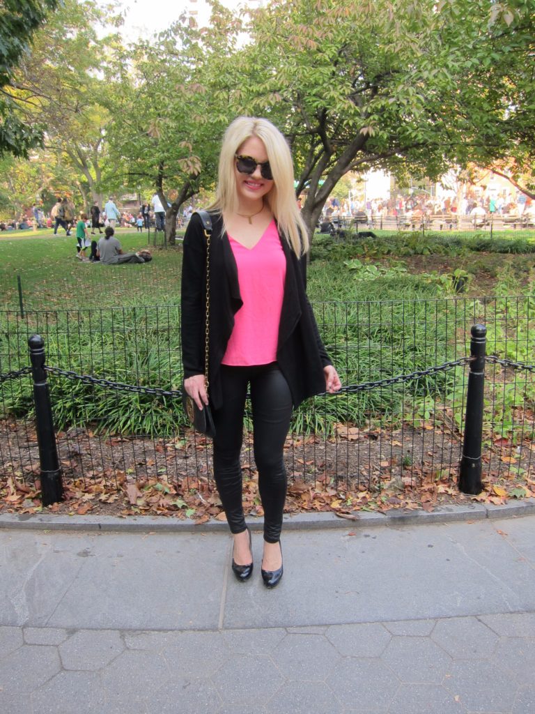 pink top, waterfall cardigan and leggings