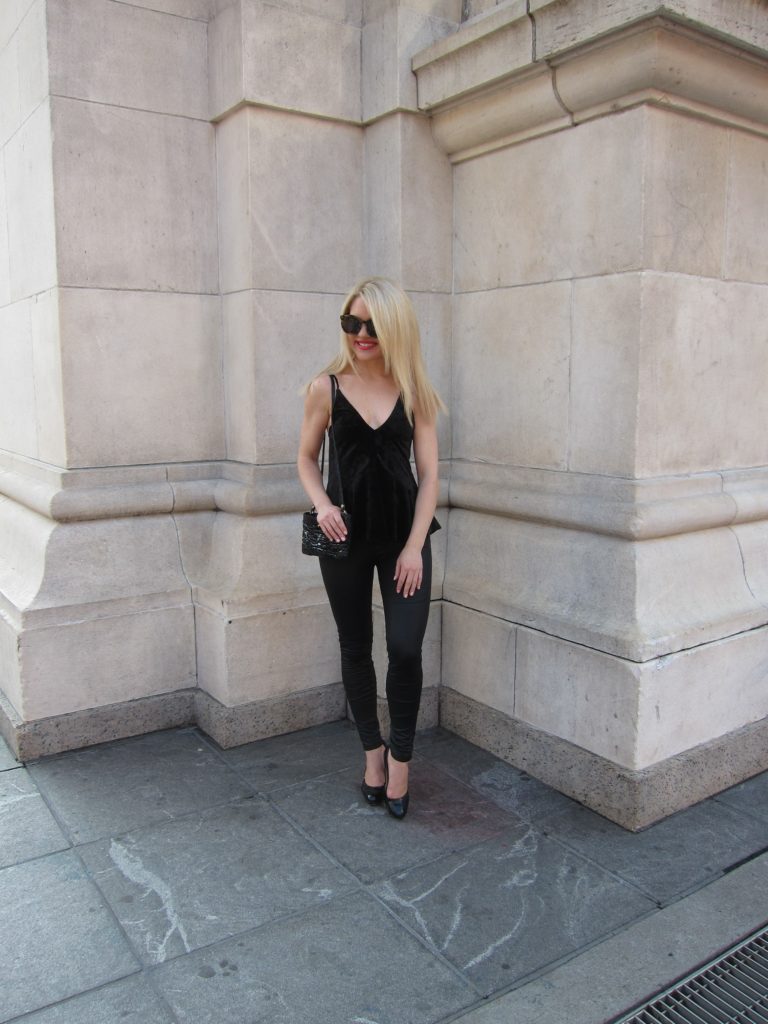 velvet top, leggings, black pumps