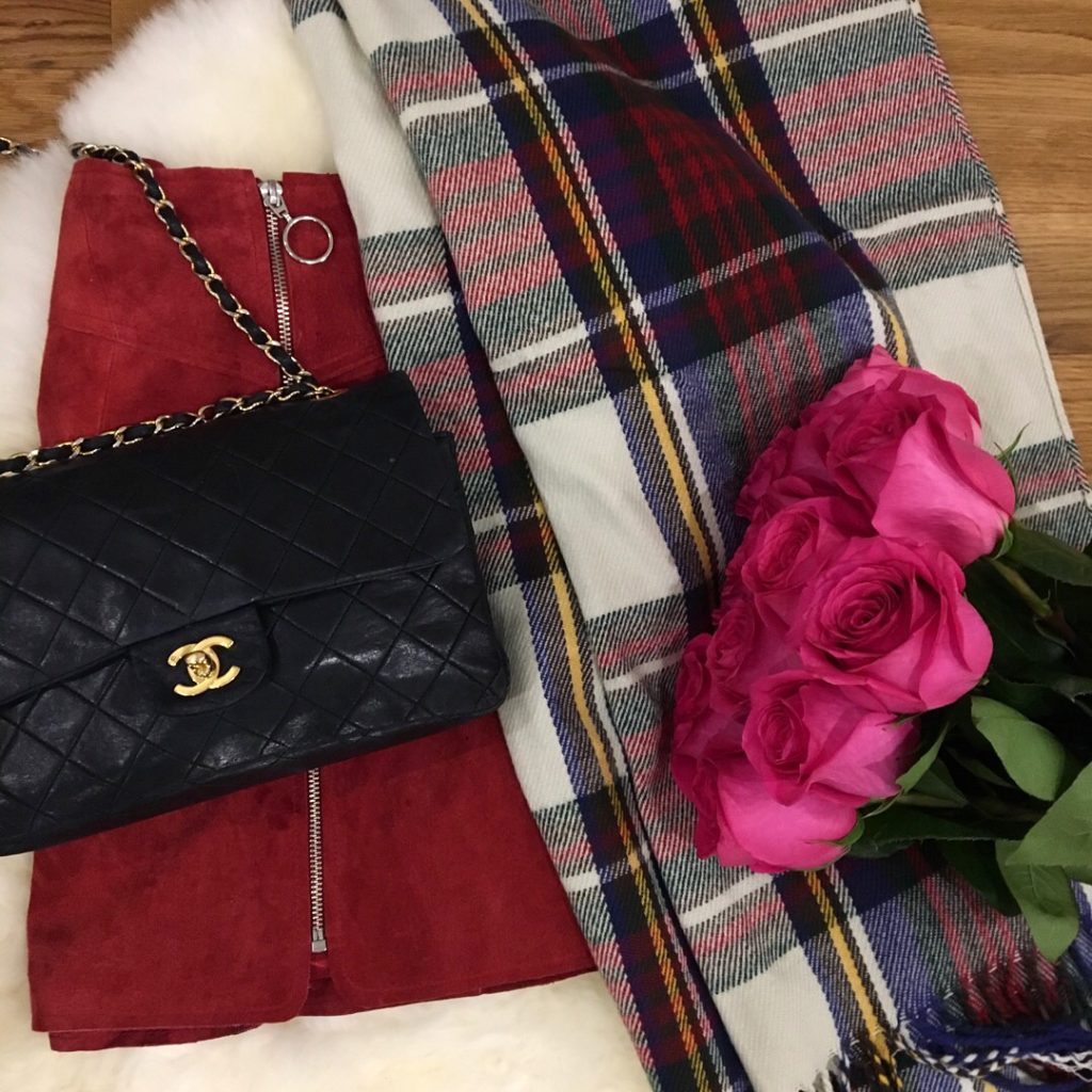 pink-roses-plaid-scarf-black-chanel-bag http://styledamerican.com/american-favorites-lately/