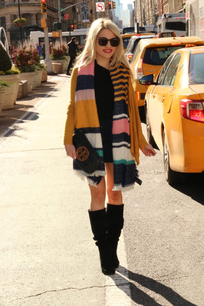 casual-winter-outfit-ideas http://styledamerican.com/yellow-striped-scarf/