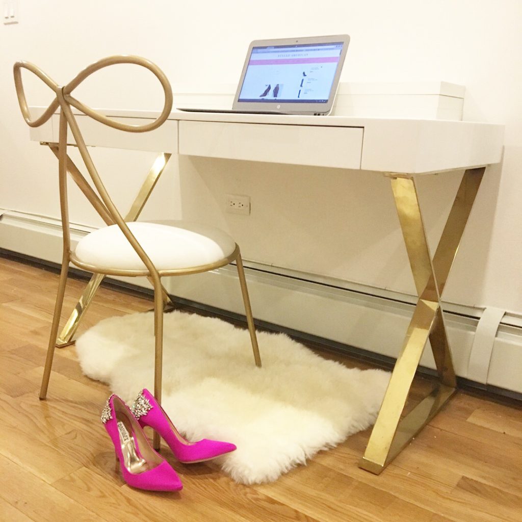 white-gold-desk-bow-chair-pink-pumps-blogging-desk http://styledamerican.com/winter-edits/