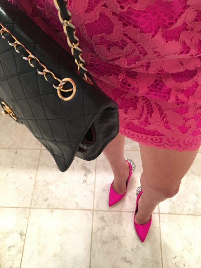 pink-lace-dress-pink-pumps-black-chanel-from-above http://styledamerican.com/fuchsia-fluorescent-lace-dress/