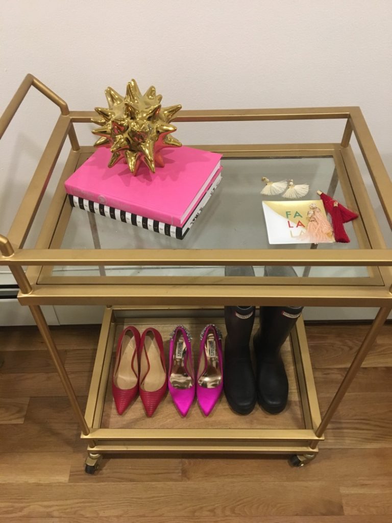 gold-bar-cart-lined-with-shoes http://styledamerican.com/winter-edits/