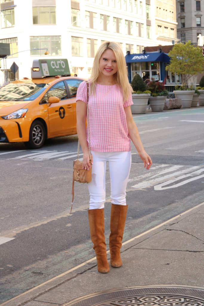 gingham top white pants http://styledamerican.com/a-major-summer-style-trend/