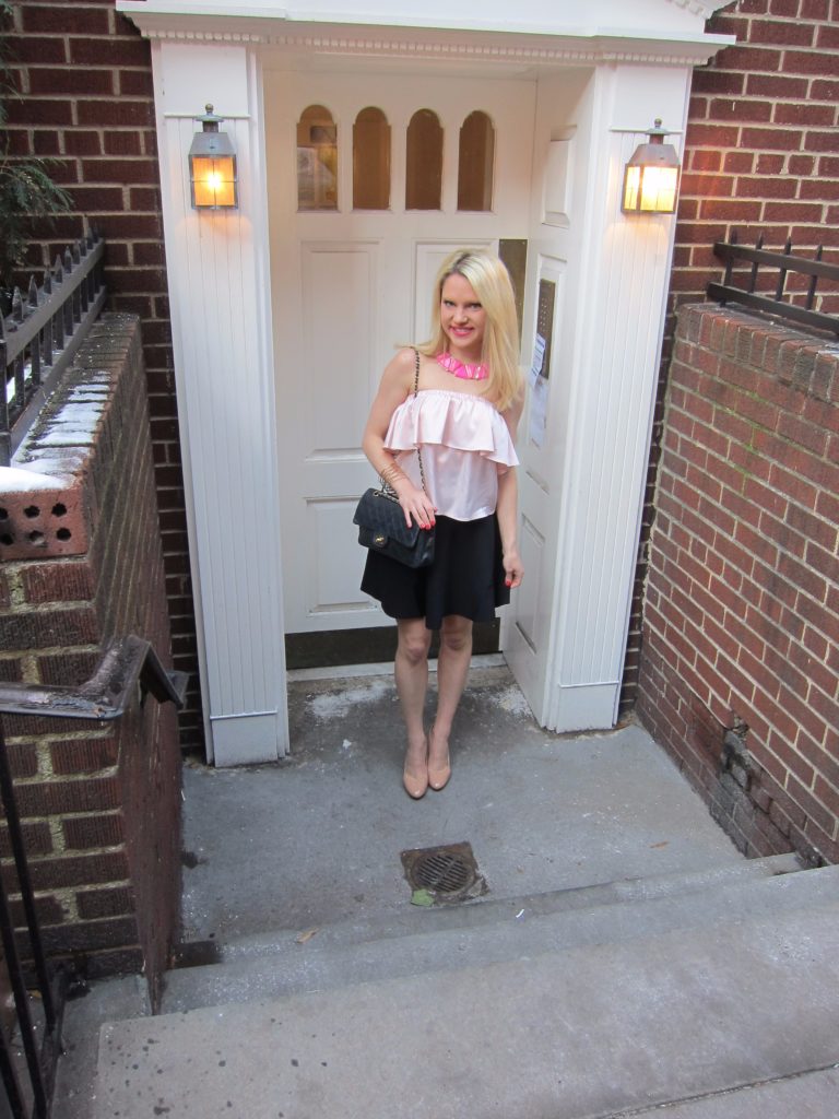 pink-tube-top-pink-statement-necklace-black-skirt http://styledamerican.com/pink-statement-necklace/