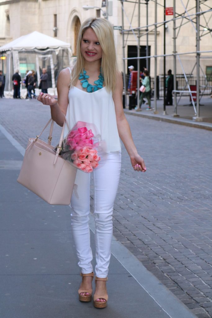 seaglass necklace, white top, white denim