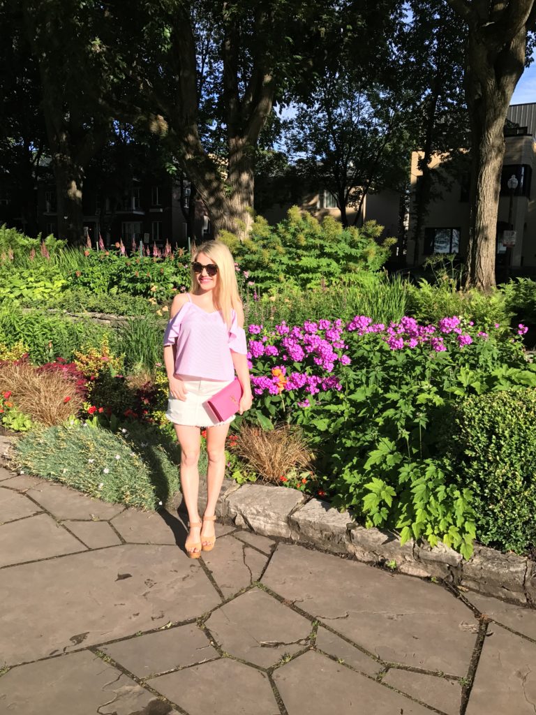 pink cold shoulder top, pink bag, white skirt